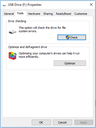 launch error checking in tools tab on properties of usb