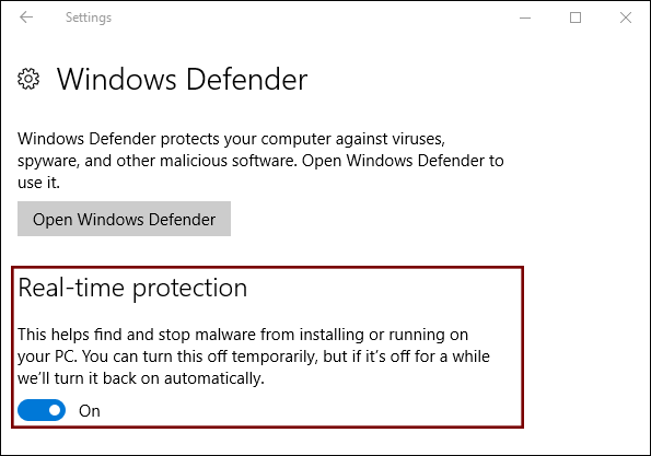 turn on real time virus protection feature in windows defender