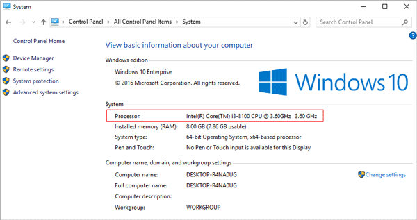 check processor specs in control panel