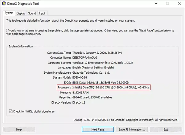 check cpu specs in directx
