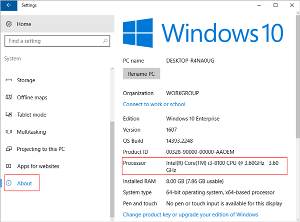 check cpu specs in window settings