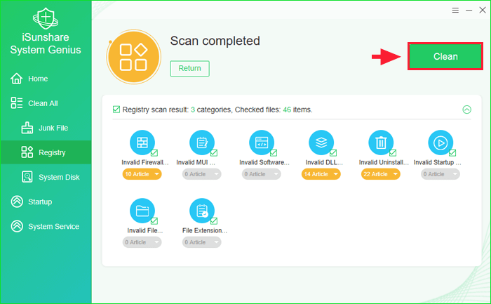 Click the clean button to clear all the selected registry files.