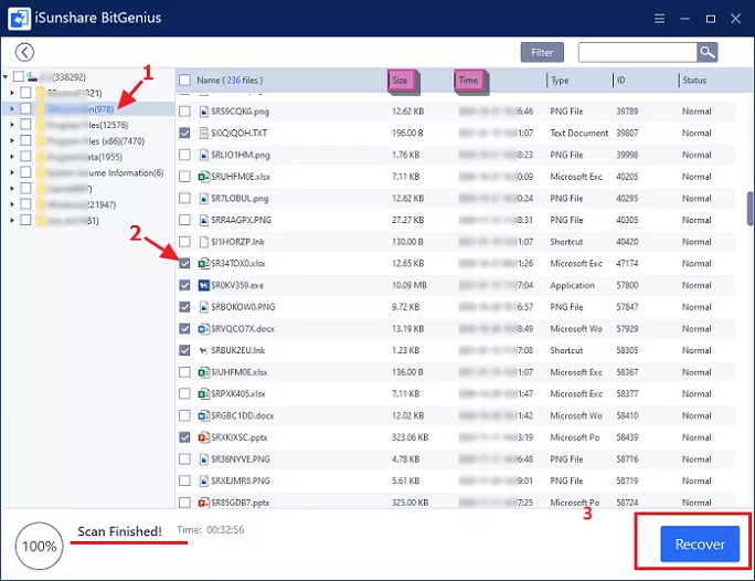 Choose files in folder and click Recover