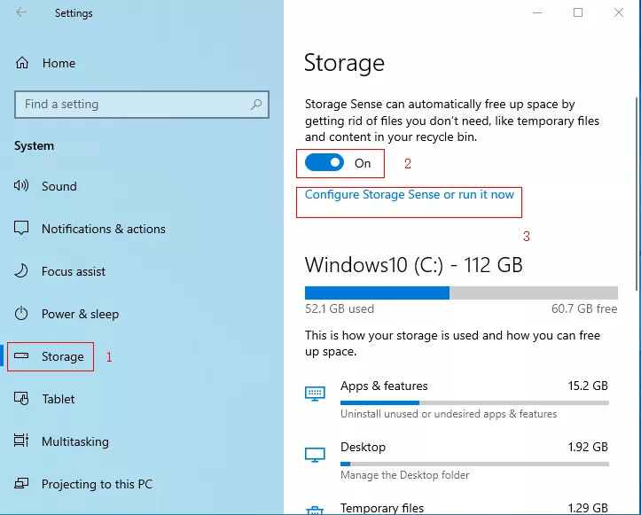 Configure storage sense or run it now