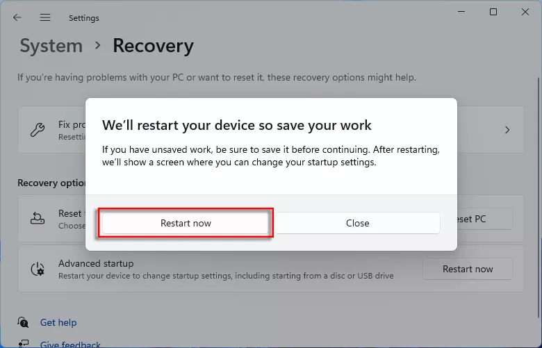 Click Restart now again