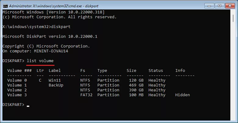 list volume command.