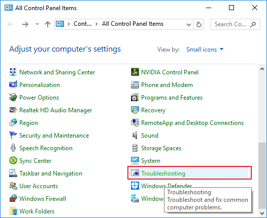 open troubleshooting in control panel