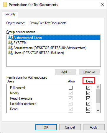 Check all the options in Deny column