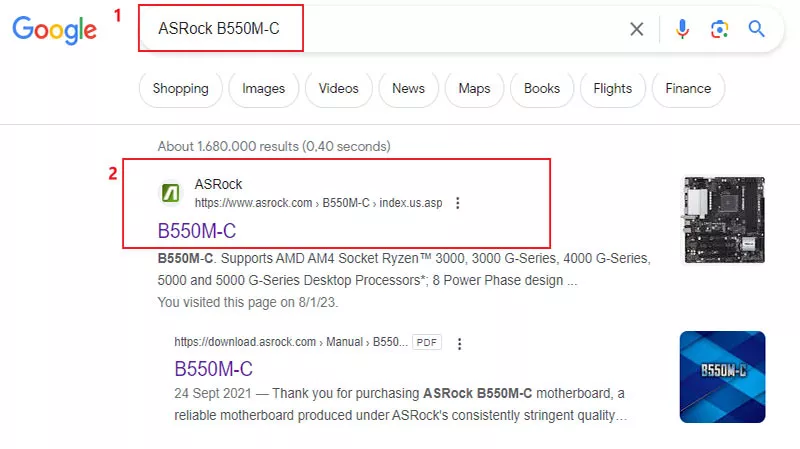 search motherboard model on google