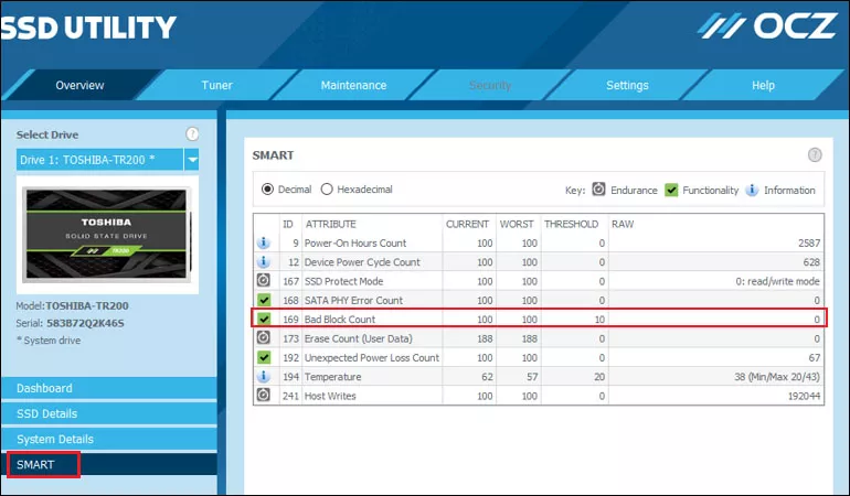 check smart information on ocz utility