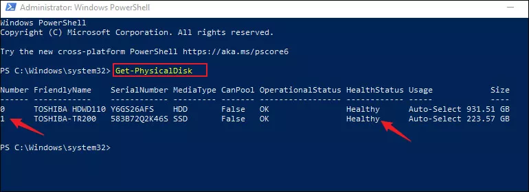 check ssd health via powershell