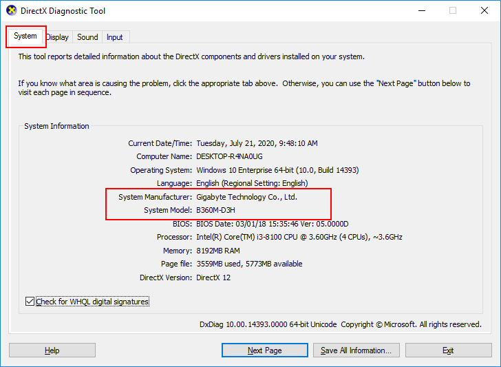 check motherboard model by directx