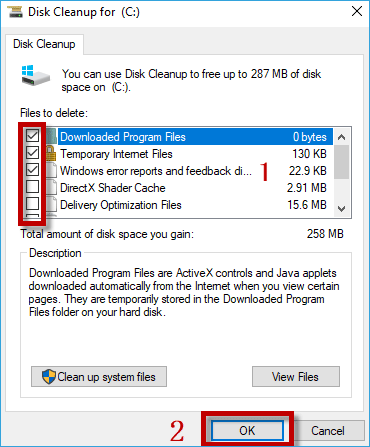 Choose files to delete then hit OK.