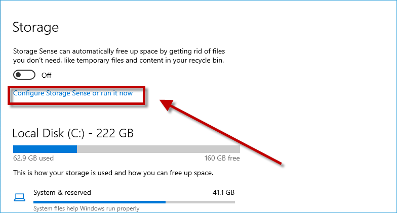 Choose Configure Storage Sense or run it now.