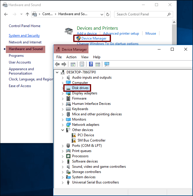 choose disk drives from control panel