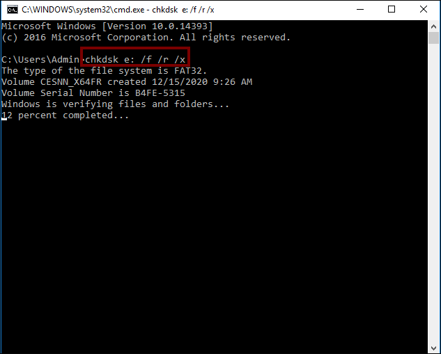 input chkdsk e command