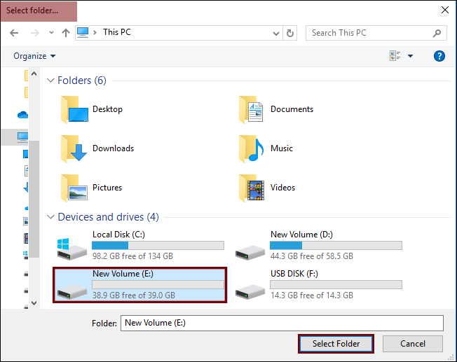 select folder for recovery file