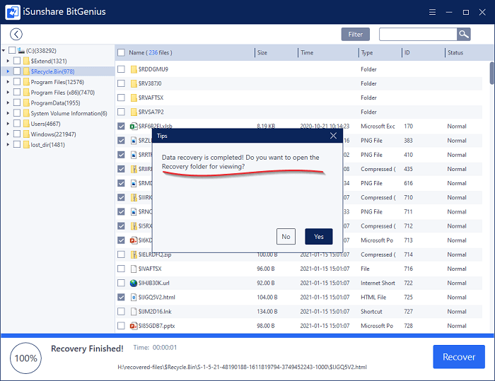 Recovery finished and choose to view the files or not.