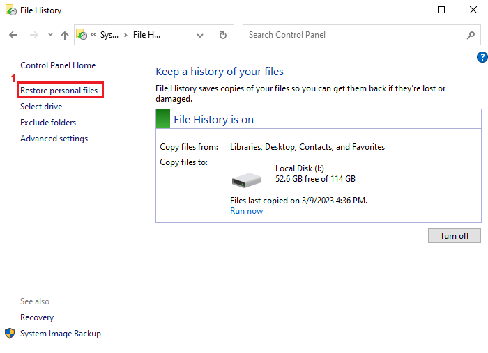 Enter restore personal files to restore your files.