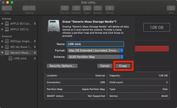 Click Erase to format and encrypt USB drive