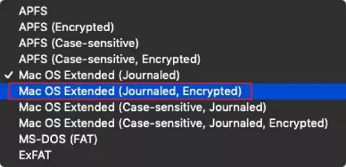 Select Mac OS Extended (Journaled, Encrypted).