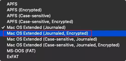 Select Mac OS Extended (Journaled, Encrypted)