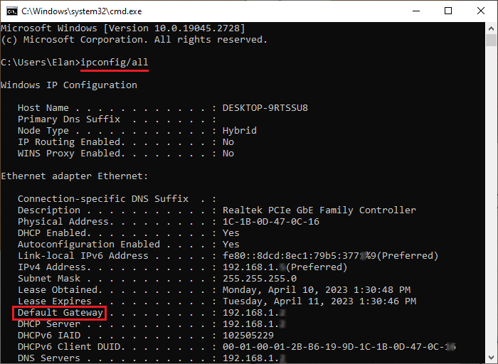 Command ipconfig/all