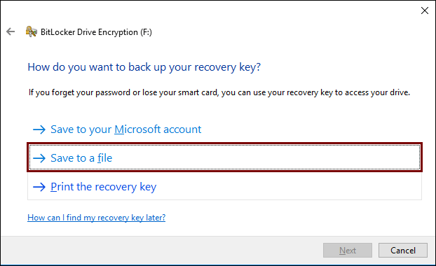 Choose a mode to back up your recovery key.