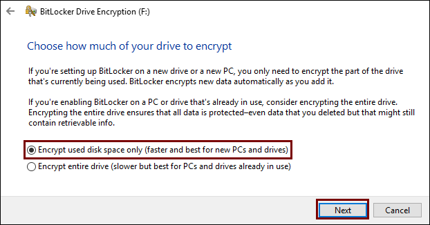 Choose a mode to encrypt the size of your USB drive.