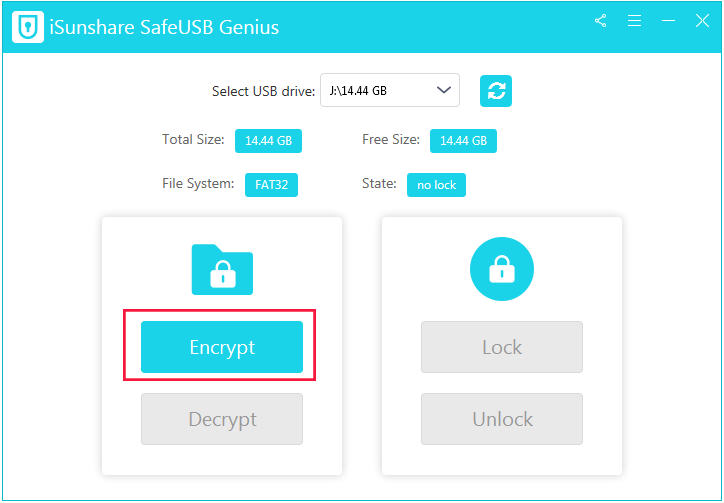 There are four options that appear on the software: Encrypt, Decrypt, Lock, and Unlock. Click on the Encrypt button to start.