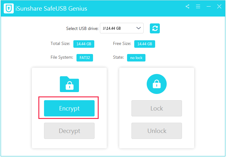 There are four options that appear on the software: Encrypt, Decrypt, Lock, and Unlock. Click on the Encrypt button to start