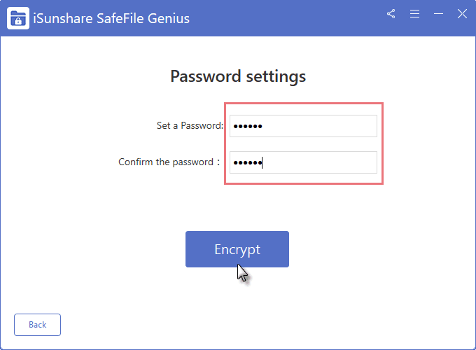 Set password to encrypt your files.