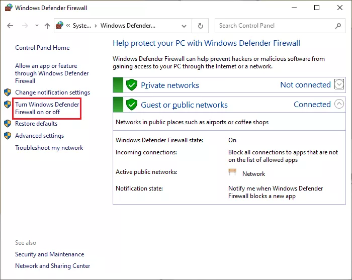 Select turn off windows defender firewall.