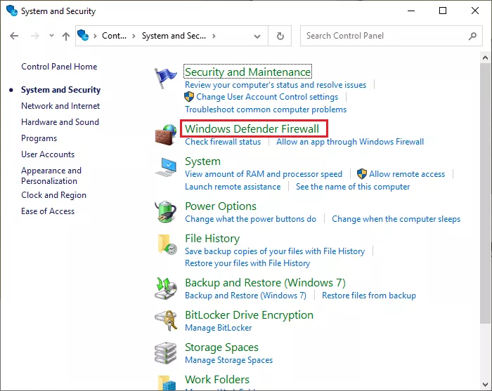 Select Windows defender firewall.