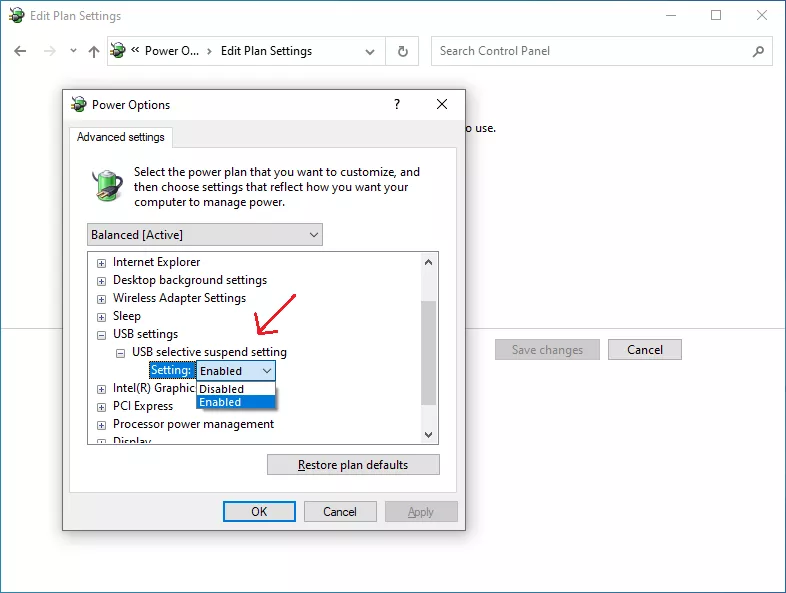 Click the box with the plus sign to expand USB Settings. Again, tap the plus sign to expand 'USB selective suspend settings'.