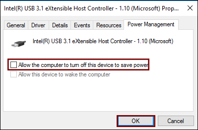 Uncheck allow the computer to turn off this device to save power