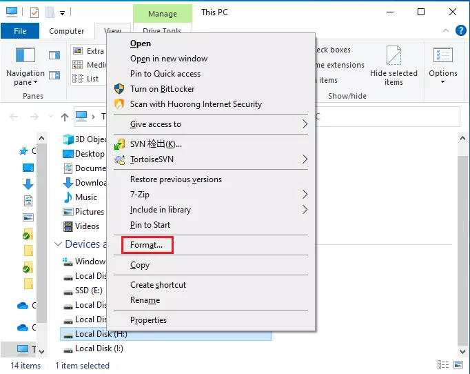 Right-click on the connected USB drive or SD card and choose Format.