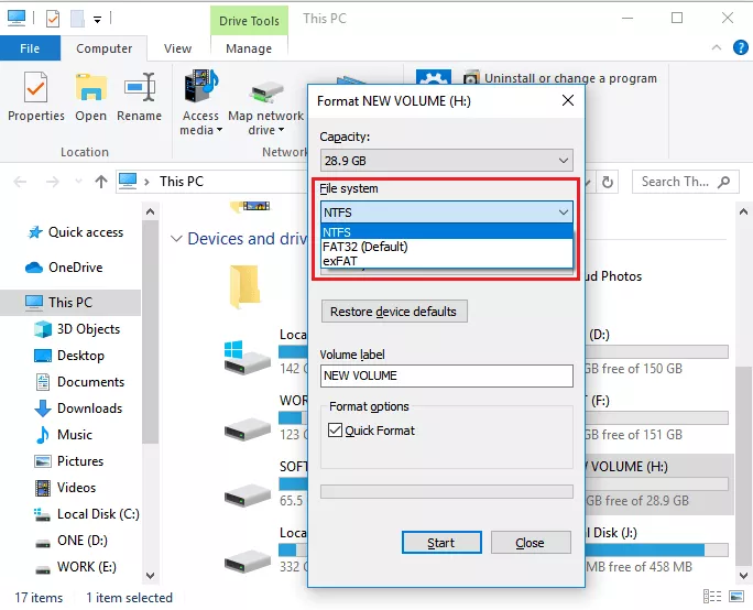 From the File system drop-down list, choose NTFS, and click Start