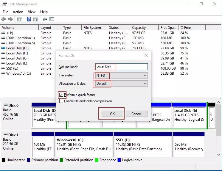 This is the volume label,select NTFS file system,default the allocation unit size,then check perform a quick format.