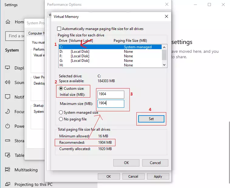 select the custom-size of drive C,and then fill in the input boxes of 'initial size' and 'maximum' into the recommended values below