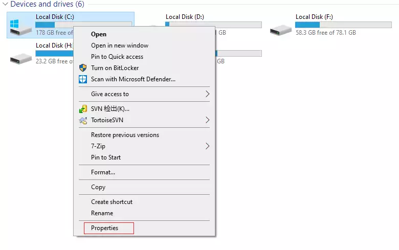 open 'this pc',right-click'local disk c' and choose 'properties'