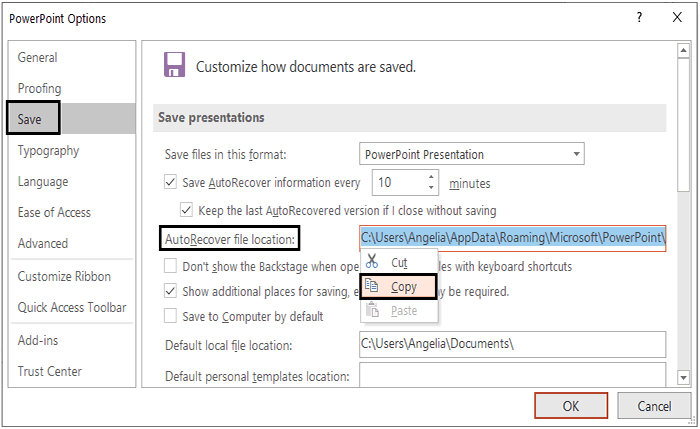 copy autorecover file location