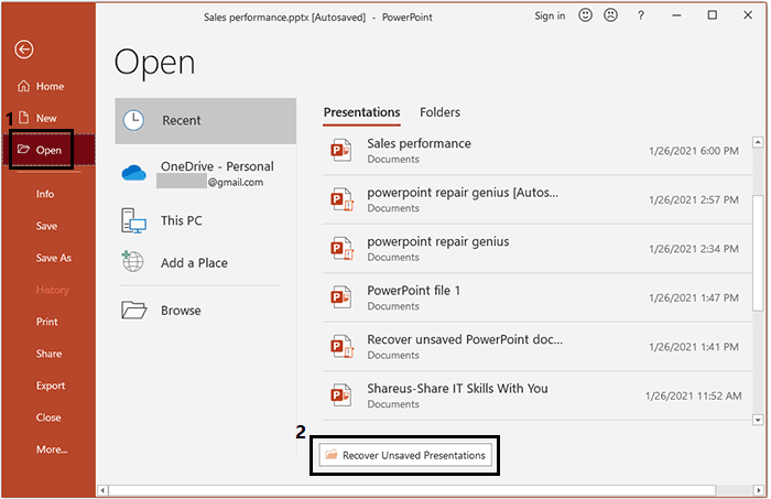 recover unsaved presentations