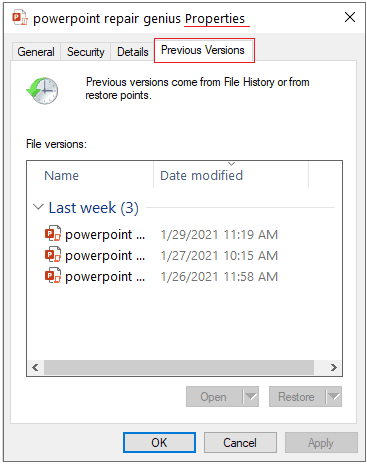 previous versions properties