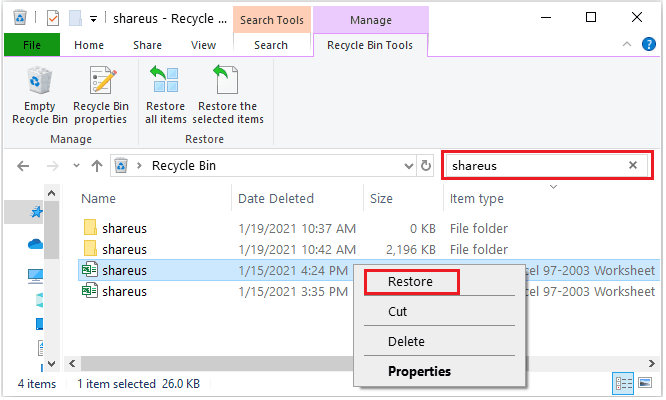 restore an excel file
