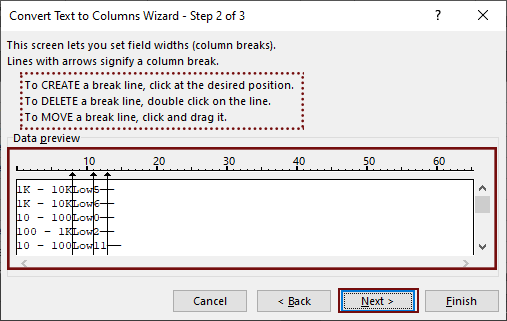 Step 2: Drag and move the line with arrow in Data preview in the bottom.