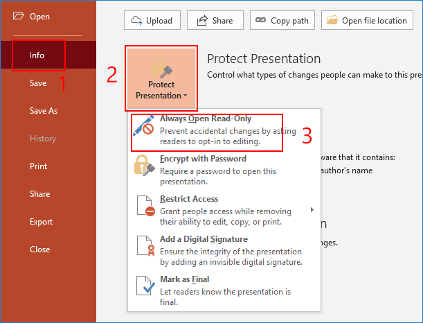 make ppt file read only by always open read only feature