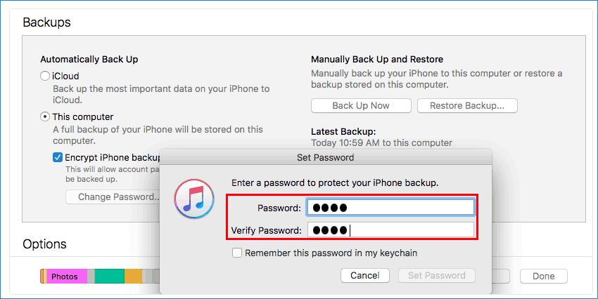 set a new itunes backup password