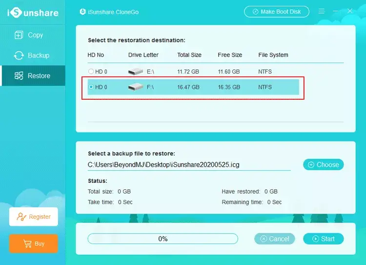 choose the partition to restore the backup file