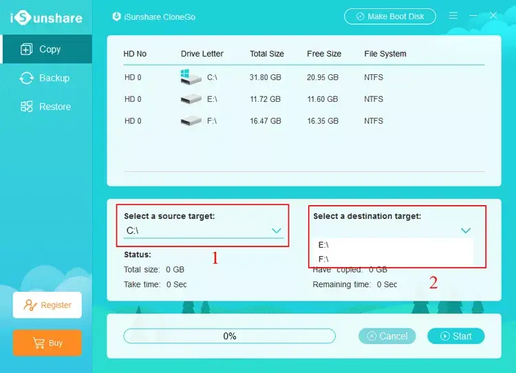 select the source target and destination